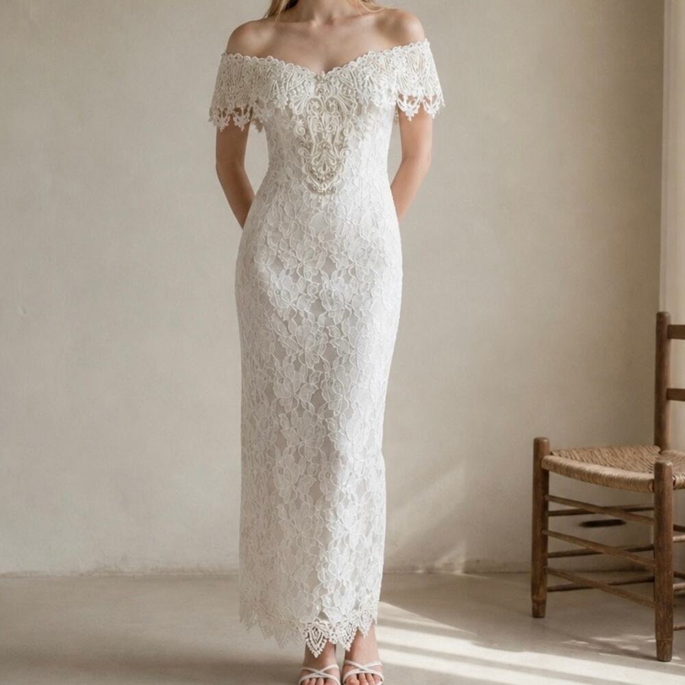 Scott McClintock Vintage 80s Off Shoulder Pears Lace Midi Dress Women's 6 Pet